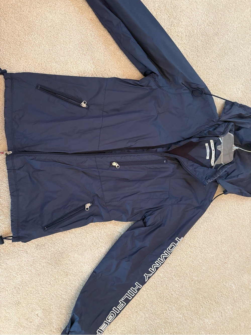 Tommy Hilfiger Navy Hooded Women's Raincoat with Sleeve Logo - Picture 2 of 5